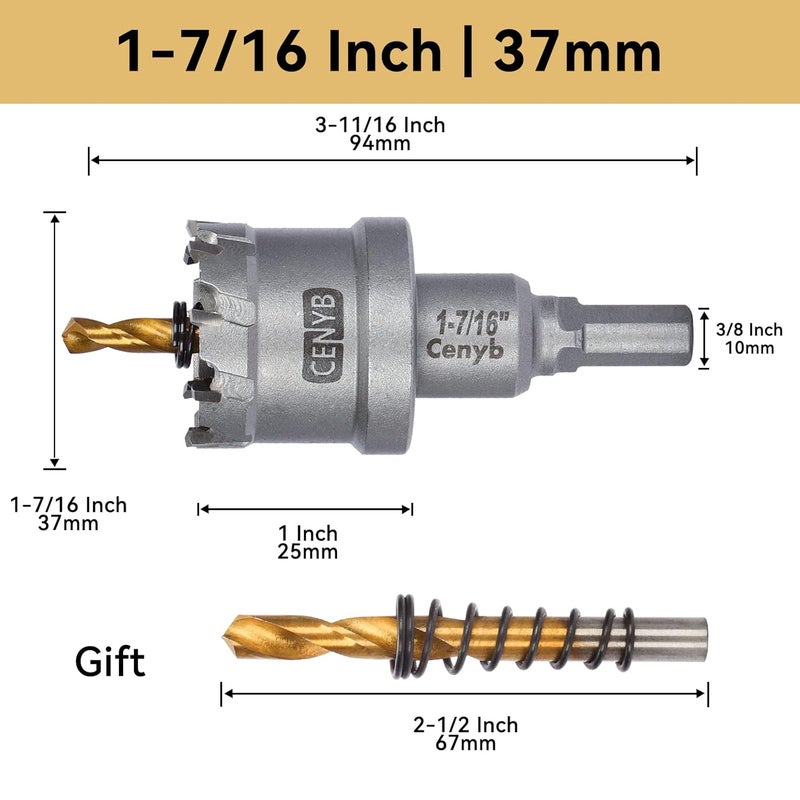 cenyb 1-7/16" (37mm) Tungsten Carbide Tipped Hole Saw with 2Pcs Titanium-Plated Pilot Drill Bits for Hard Metal,Stainless Steel,Iron,Aluminum Alloy,Wood and Plastic - Image 2